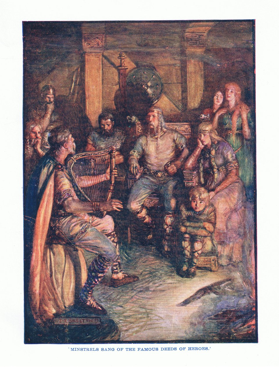 Minstrels sang om heltenes berømte gjerninger, fra English Literature pub. av T C & EC Jack, ca. 1920 av J. R. Skelton