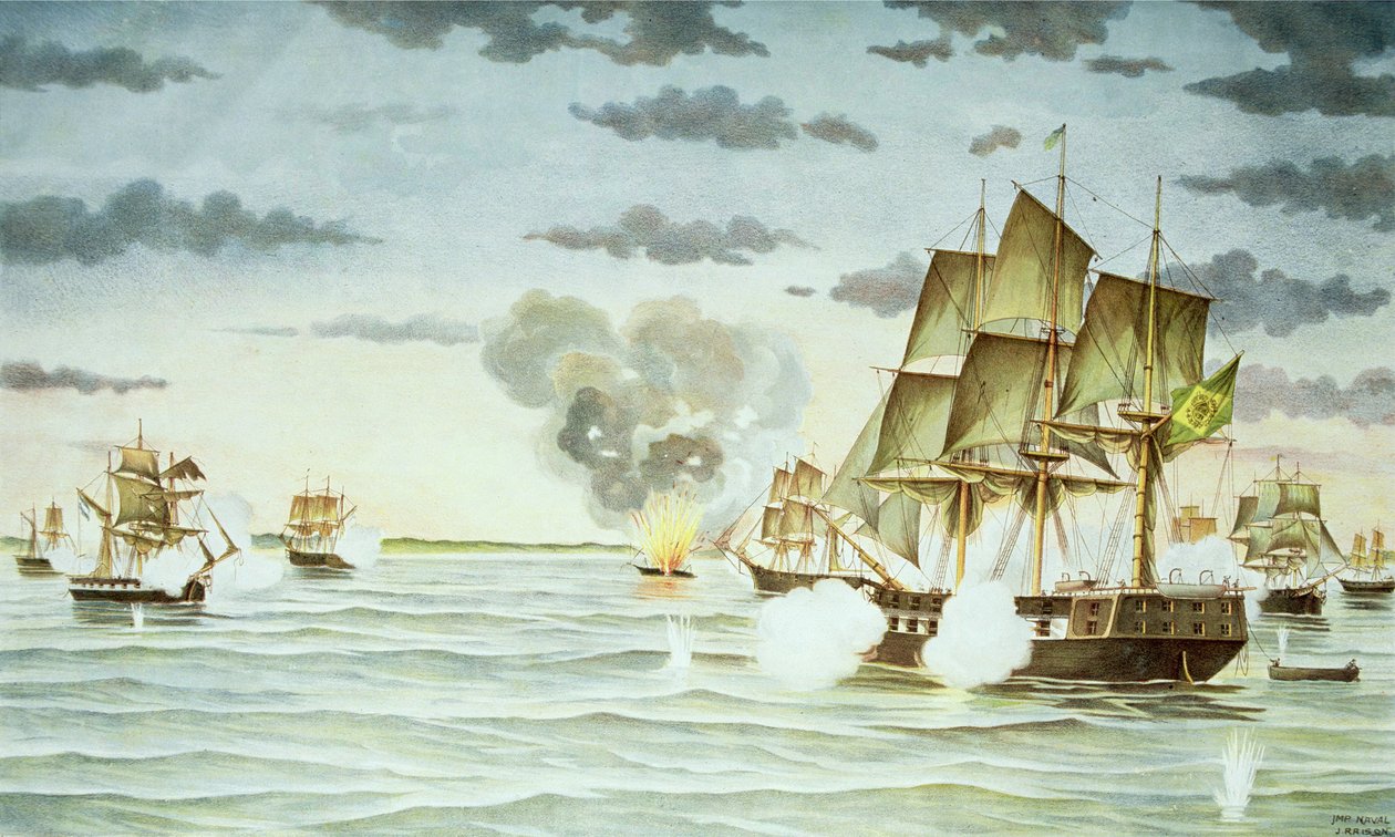 Slaget ved Quilmes under den cisplatinske krigen (1825-28) mellom Uruguay og Brasil (gravering) av J. Raison