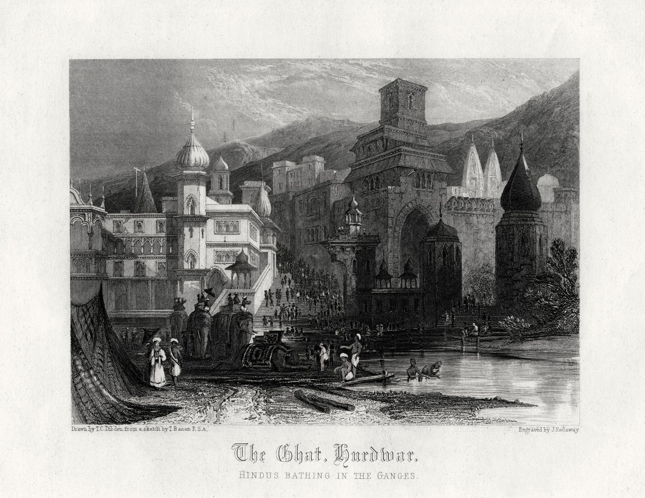 Ghat, Hurdwar, hinduer som bader i Ganges, 1800-tallet av J. Redaway