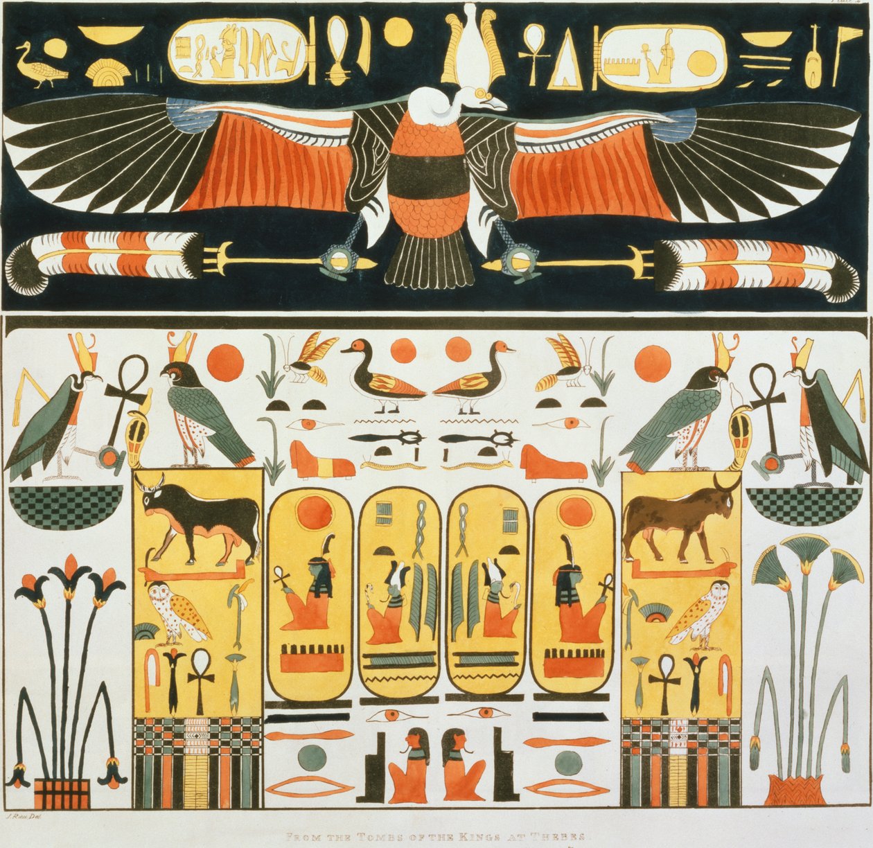 Veggmaleri fra gravene til kongene av Theben, oppdaget av G. Belzoni, plate 2 fra `Plates Illustrative of the Researches in Egypt and Nubia`, gravert av Charles Hullmandel (1789-1850) 1820-22) (liter) av J. Ricci