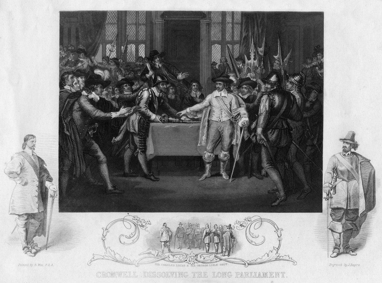 Oliver Cromwell 1599-1654 oppløser det lange parlamentet, 1800-tallet. av J. Rogers