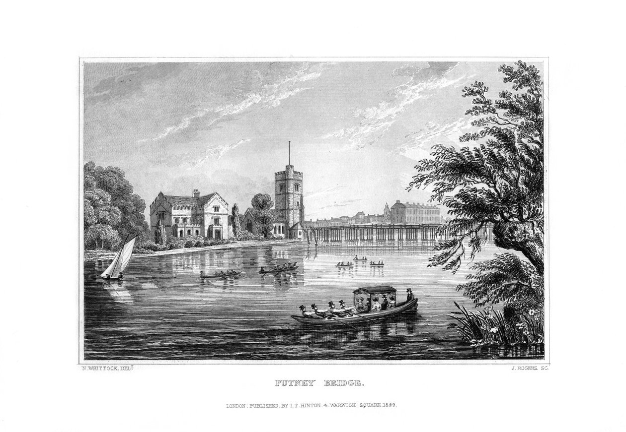 Putney Bridge, London, 1829. av J. Rogers
