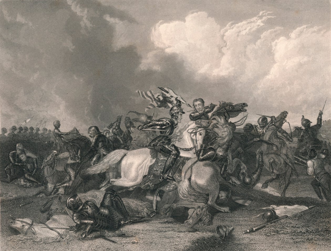 Richard III. og jarlen av Richmond i slaget ved Bosworth, 1485, midten av 1800-tallet. av J. Rogers