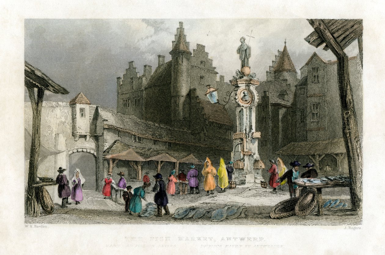 Fiskemarkedet, Antwerpen, Belgia, 1800-tallet. av J. Rogers