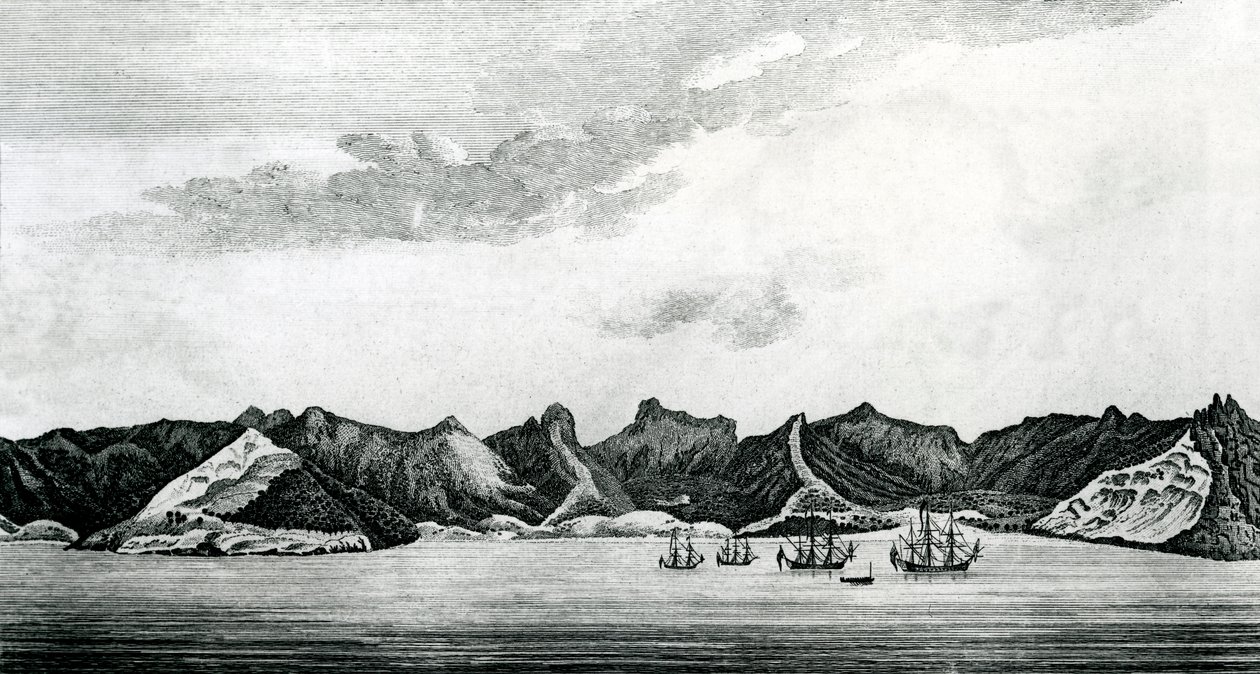 En utsikt over Cumberland Bay på øya Juan Fernandes, ca. 1745 (gravering) av J. S. Mason