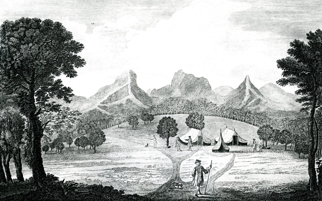 En utsikt over Commodore-teltet på øya Juan Fernandes, ca. 1745 (gravering) av J. S. Mason