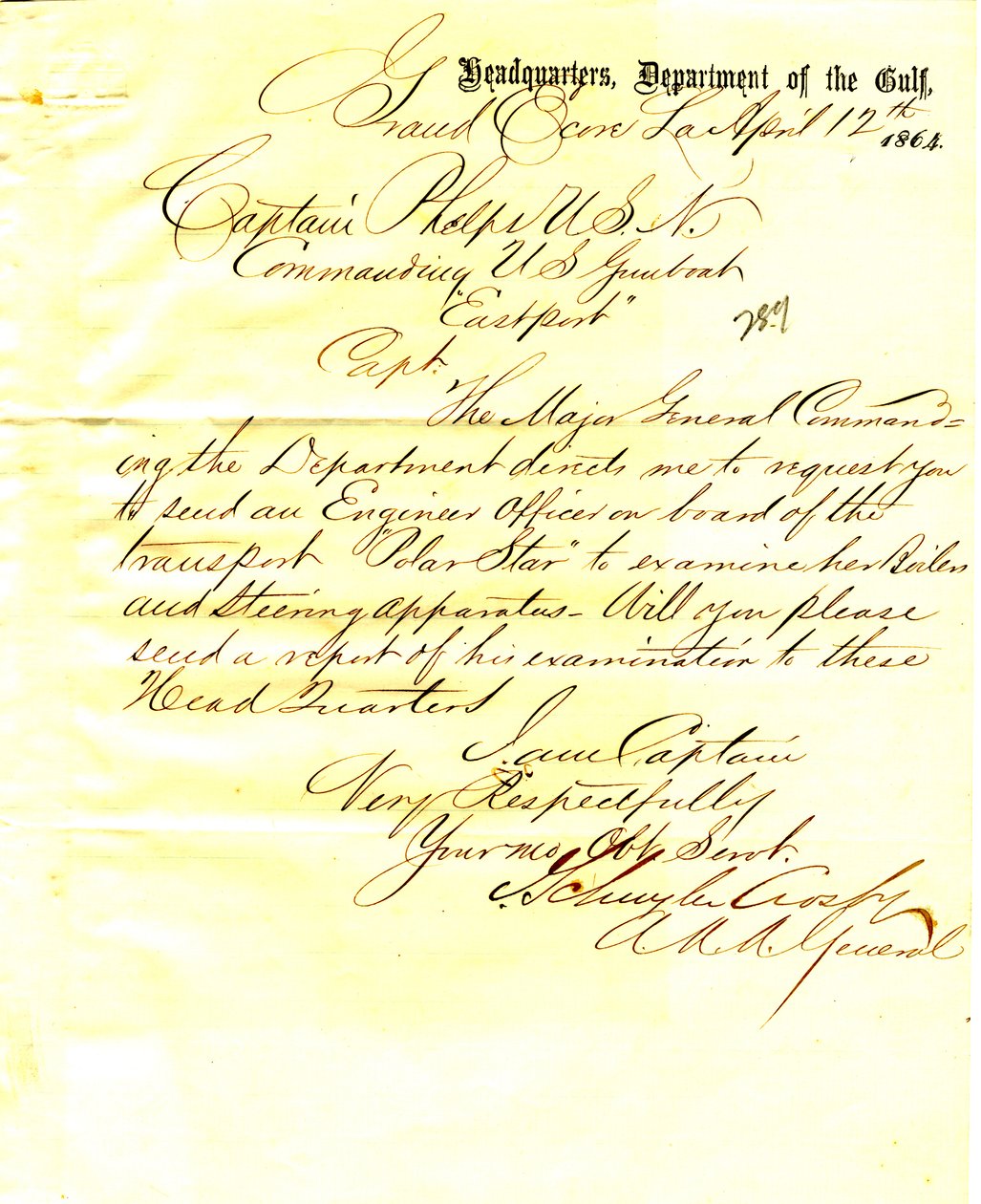 Brev fra J. Schuyler Crosby, Grand Ecore, Louisiana, til Seth Ledyard Phelps, kommanderende USA Eastport, 12. april 1864 av J. Schuyler Crosby