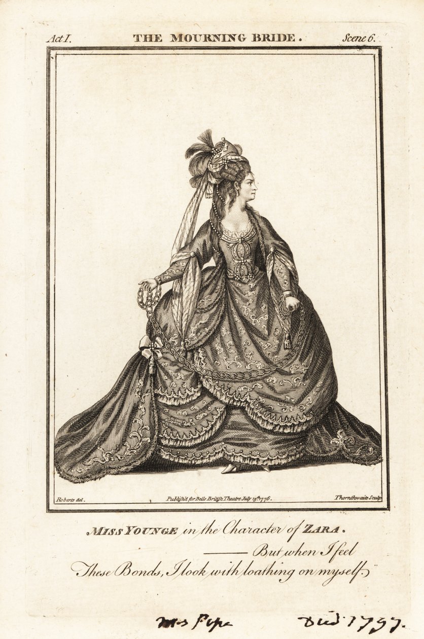 Frøken Elizabeth Younge i karakteren til Zara i William Congreves The Mourning Bride av J. Thornthwaite