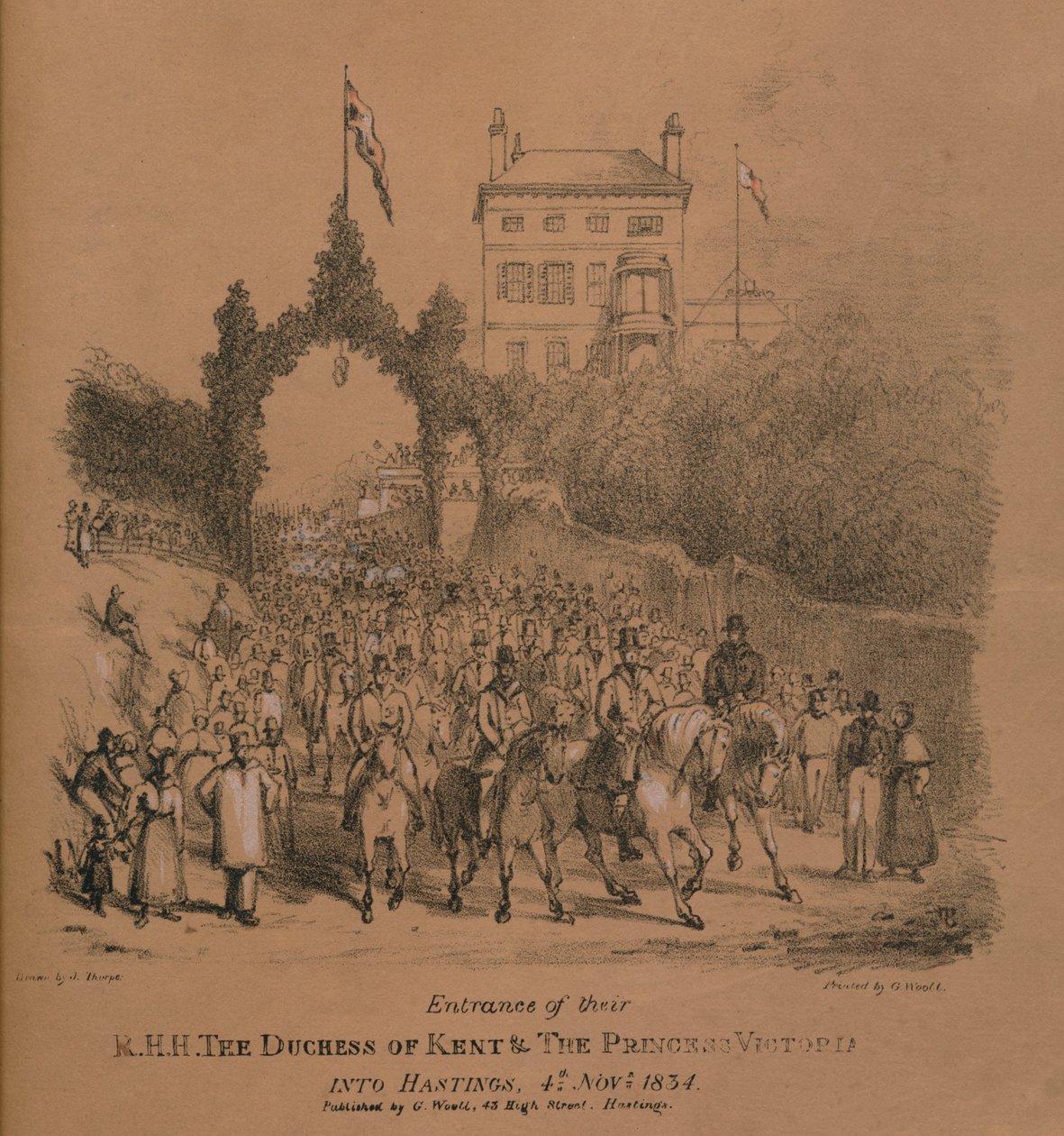 Inngangen til deres R.H.H. Hertuginnen av Kent og prinsesse Victoria til Hastings av J. Thorpe