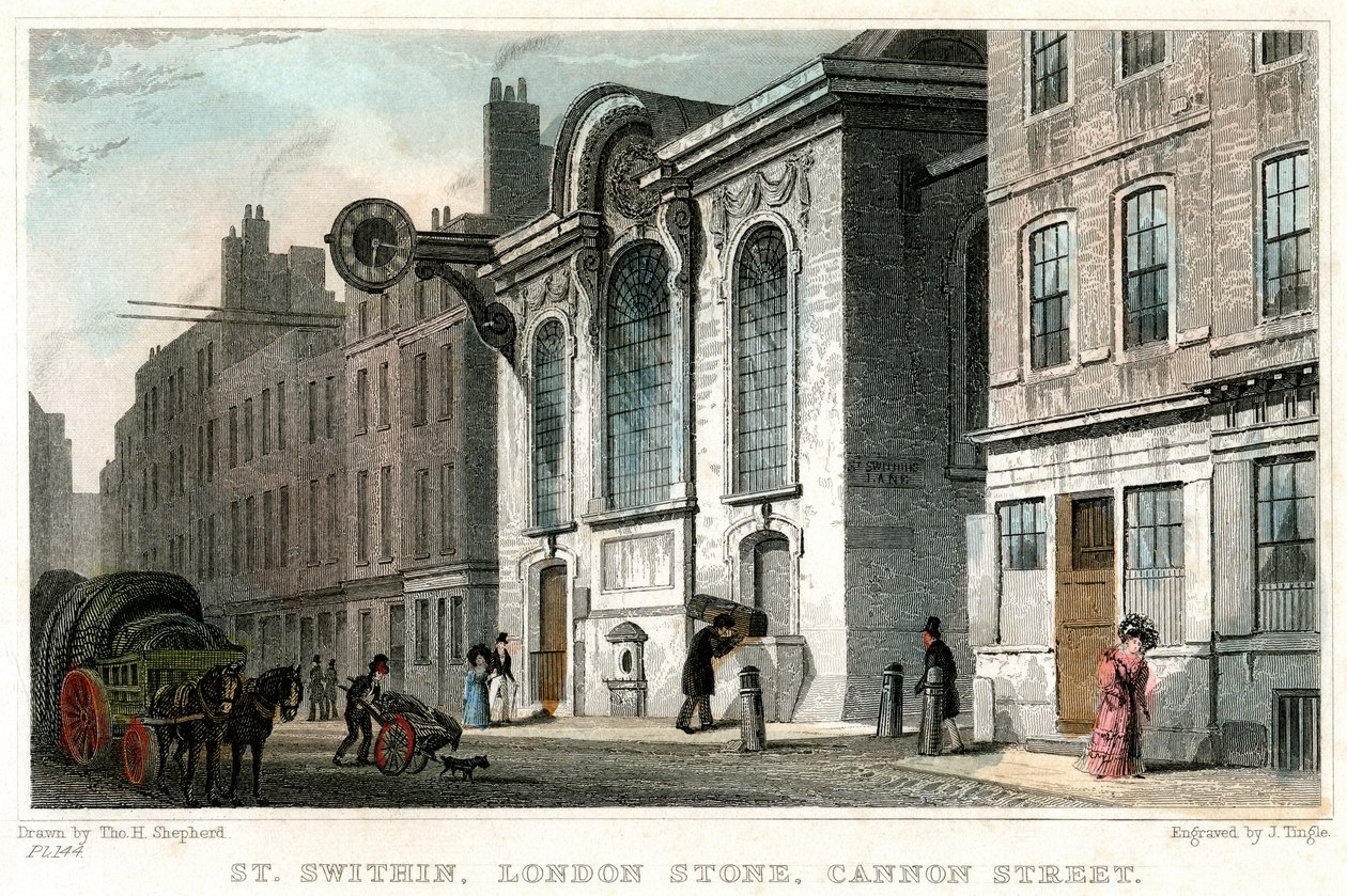 Church of St Swithin and the London Stone, Cannon Street, City of London, c1830. av J. Tingle