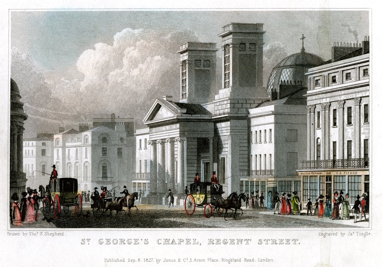 St Georges Chapel, Regent Street, Westminster, London, 1827. av J. Tingle