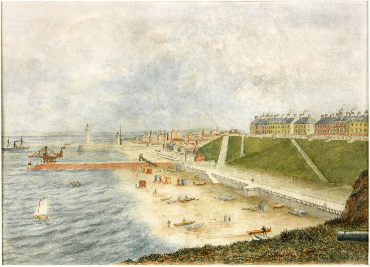 Roker Terrace og havneinngang fra Holey Rock (akvarell på papir) av J. Webster