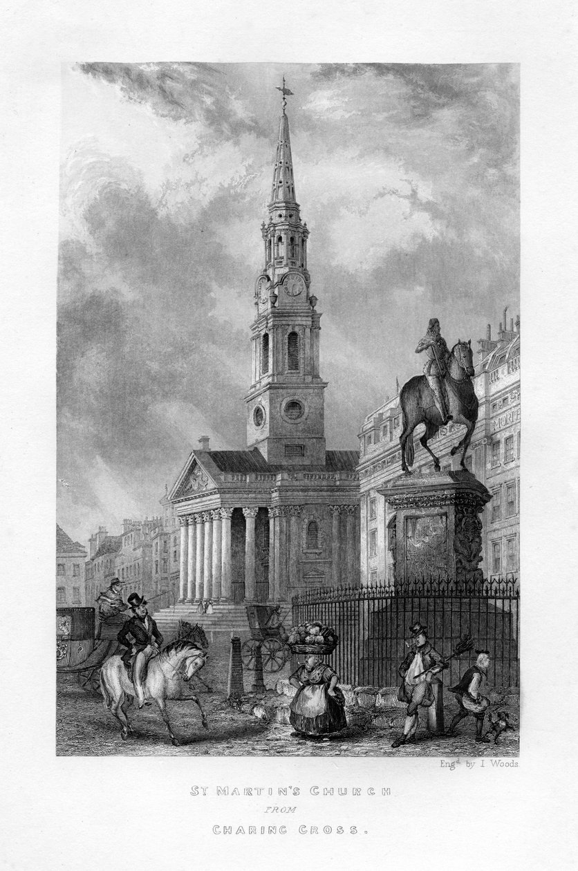 St Martins Church fra Charing Cross, London, 1800-tallet. av J. Woods