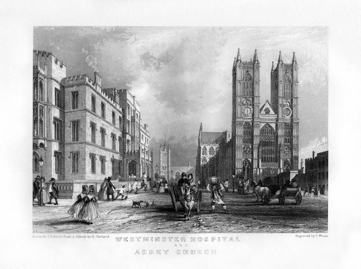 Westminster Hospital and Abbey Church, London, 1800-tallet. av J. Woods