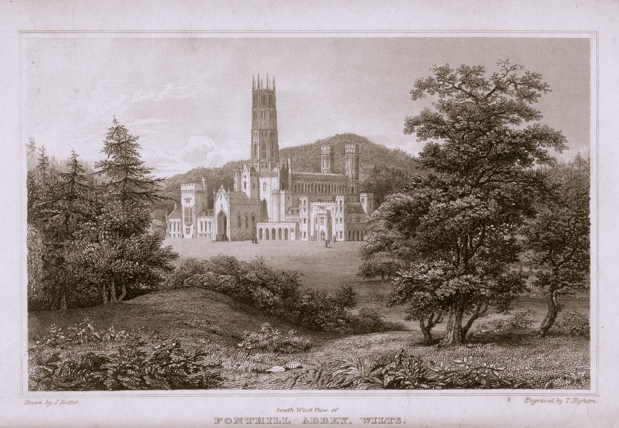 Sør-vest utsikt over Fonthill Abbey, gravert av T. Higham, 1823 av J. after Rutter
