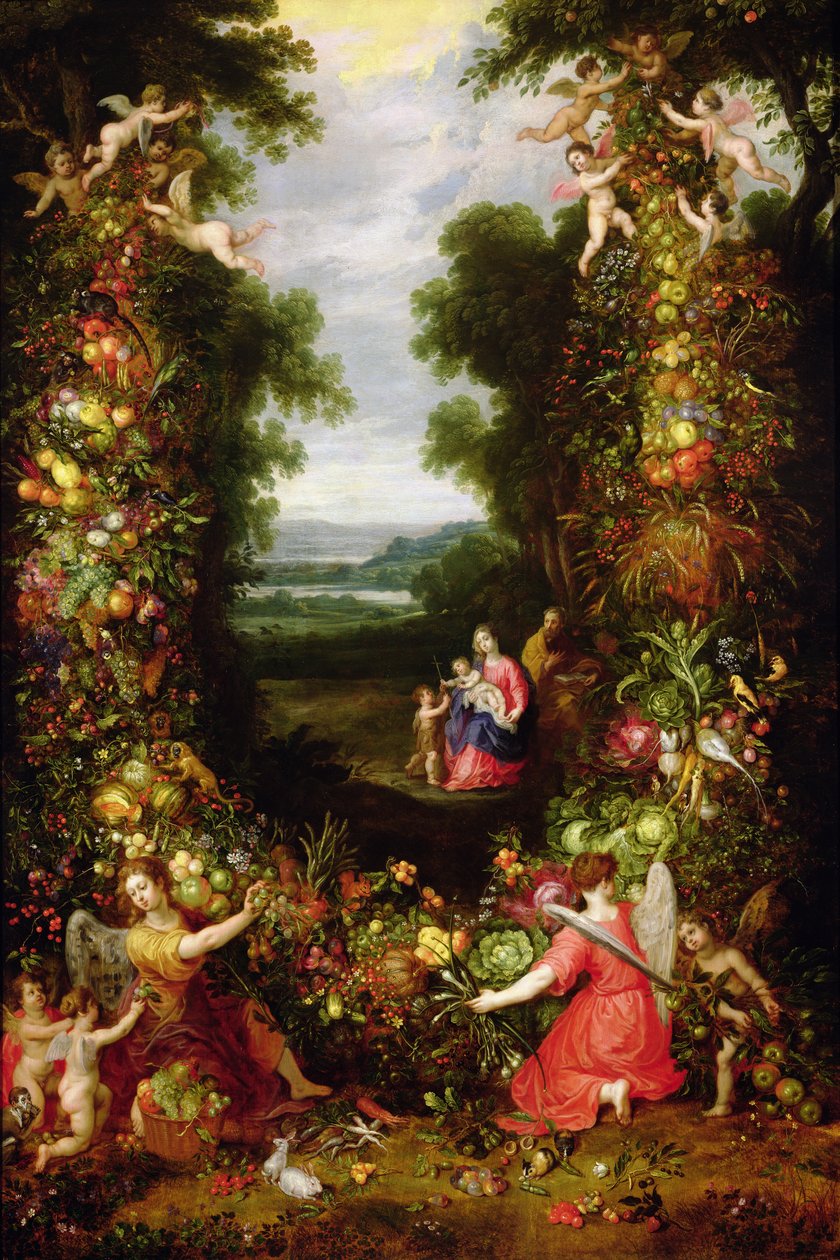Hellig familie i et landskap med en krans av frukt og grønnsaker (panel) av J. and Avont, P. van Brueghel