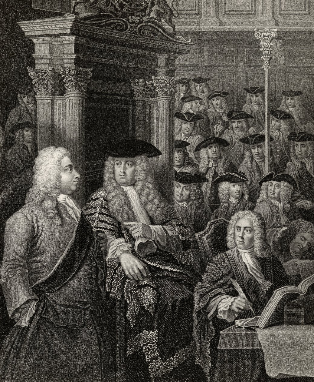 Underhuset i Sir Robert Walpoles administrasjon, gravert av R. Page, fra 'The Works of William Hogarth', utgitt 1833 (se 132107) av J. and Hogarth, W. Thornhill