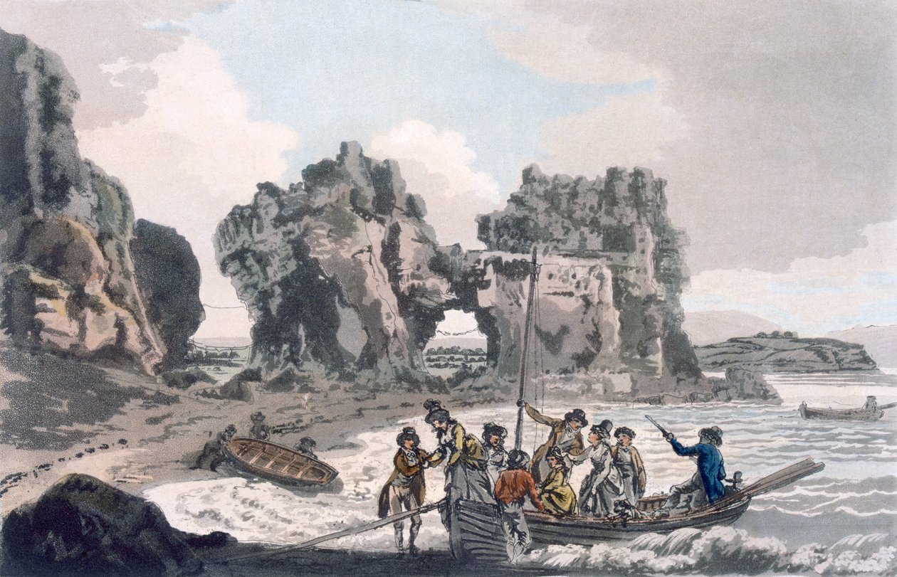 Utsikt over Castle Rock, fra landingsstedet på Flat Holmes, fra A Picturesque Guide to Bath, Bristol Hot-Wells, River Avon and the Adjacent Country, publisert 1793 (fargeakvatint) av J. and Ibbetson, J.C. Hassell