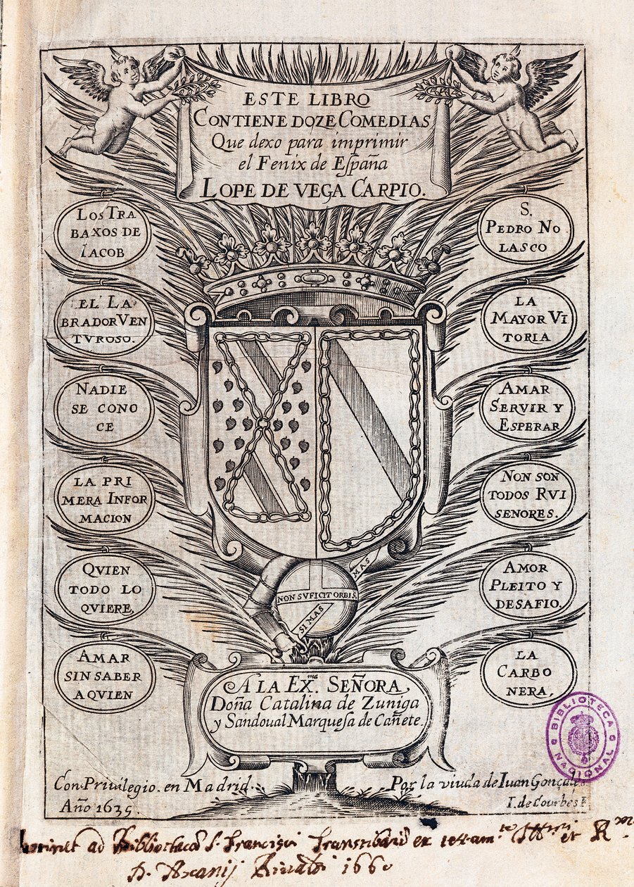 Halvtittelside av samling av tolv komedier av Felix Lope av Vega Carpio (1562-1635 av J. de (after) Courbes