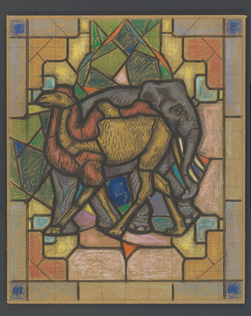 Design for et glassmaleri med en kamel og elefant av Jaap Weyand