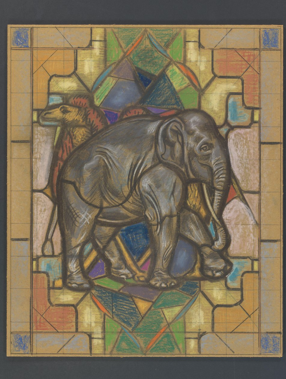 Design for et glassmaleri med en elefant og kamel av Jaap Weyand