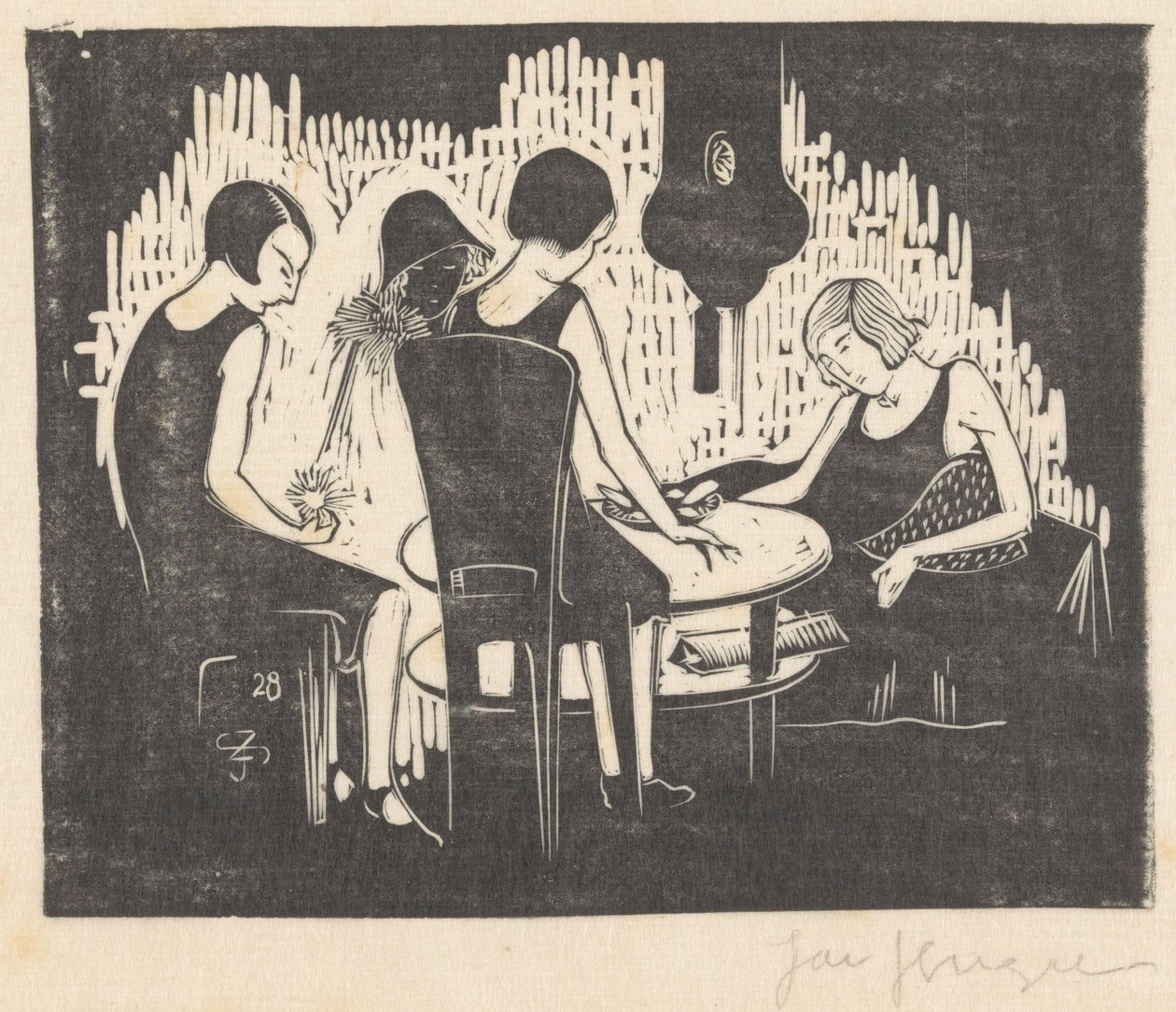 Fire kvinner sitter ved et bord av Jac Jongert (signed by artist)