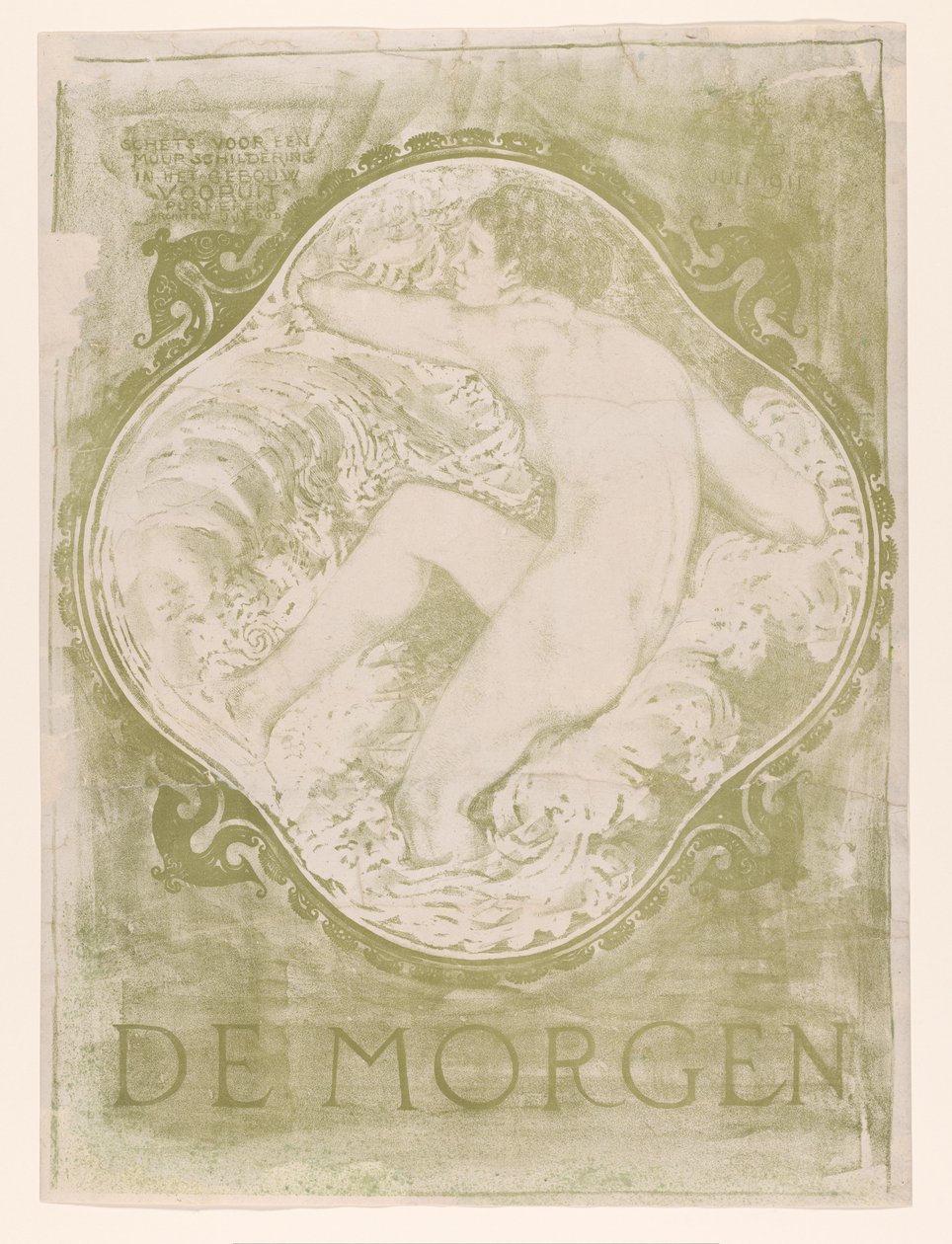Naken kvinne i bølgene De Morgen / Skisse for et veggmaleri i Vooruit Purmerend-bygningsarkitekten J.J.P. Gammel. (tittel på objekt) av Jac Jongert