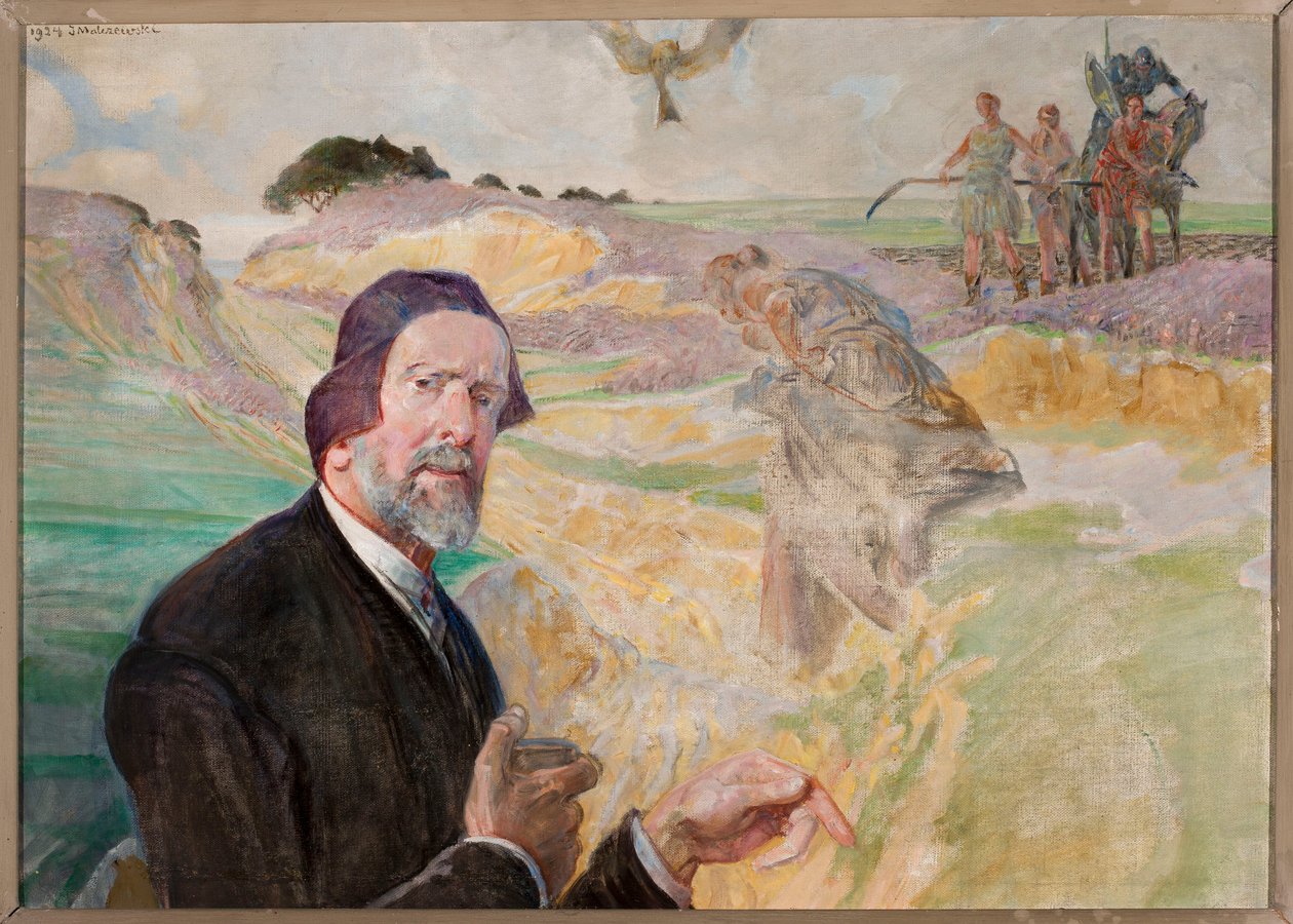 Selvportrett med en polsk vei i bakgrunnen av Jacek Malczewski