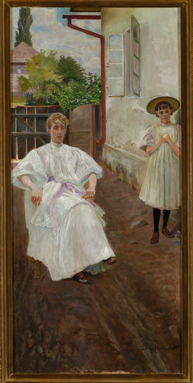 Foran huset - kunstnerens kone og datter av Jacek Malczewski