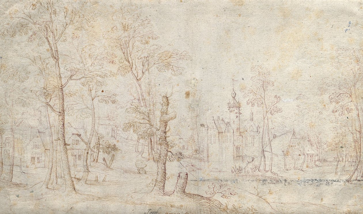 Moated Castle and Village av Jacob Grimmer