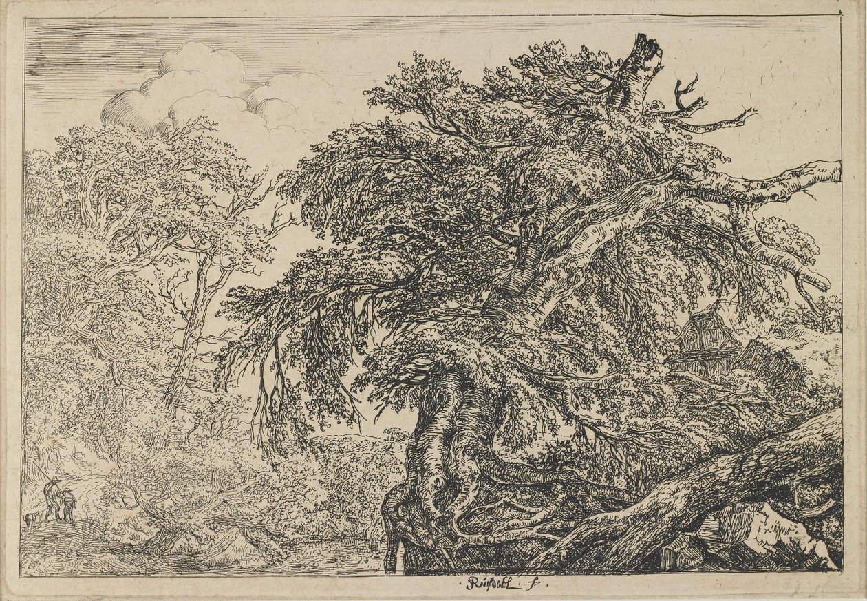 Den store bøken med to menn og en hund, ca. 1650-1655 av Jacob van Ruisdael
