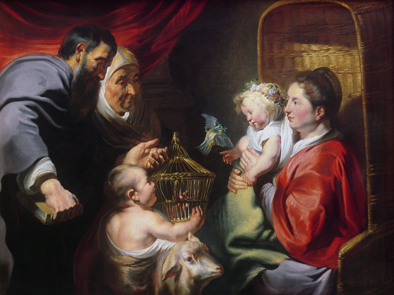 Jomfruen og barnet med SS Zacharias, Elizabeth og døperen Johannes, ca. 1620 av Jacob Jordaens