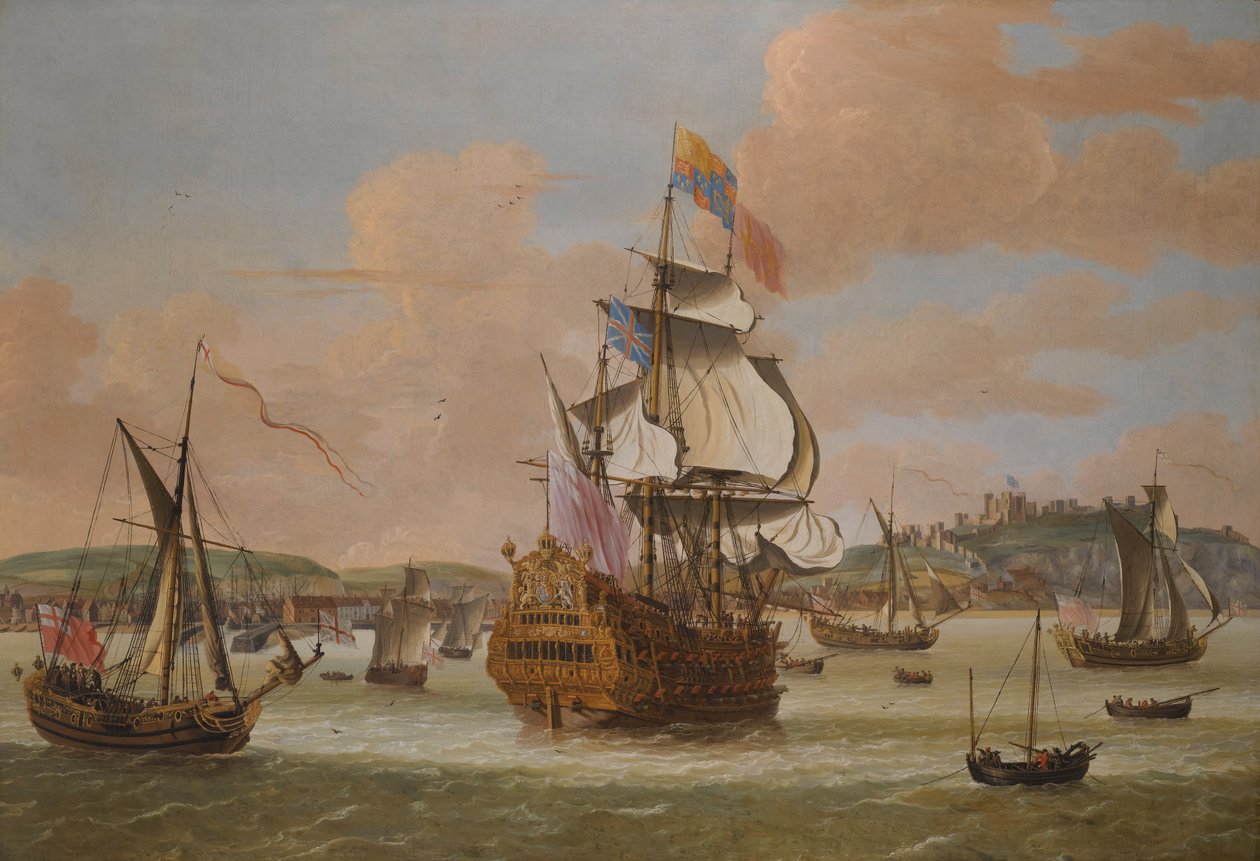 Charles II og James, hertugen av York, ombord på H.M.S. Triumph, med tre Royal Yachts of Dover av Jacob Knijff