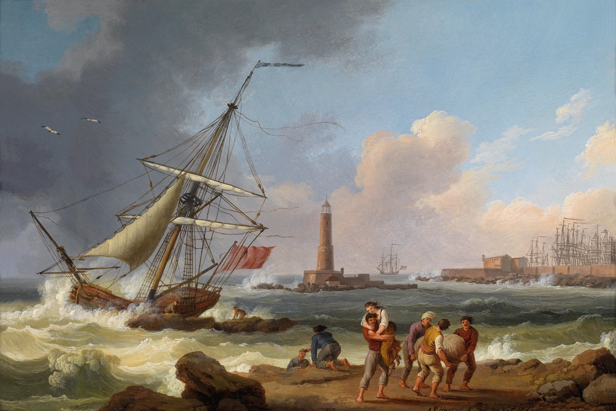 Havnen i Livorno med redning av forliste mennesker av Jacob Philippe Hackert