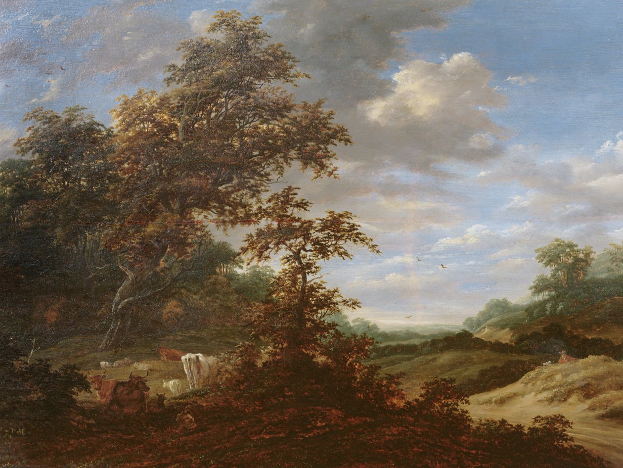 Et skogkledd landskap med storfe av Jacob van Ruisdael