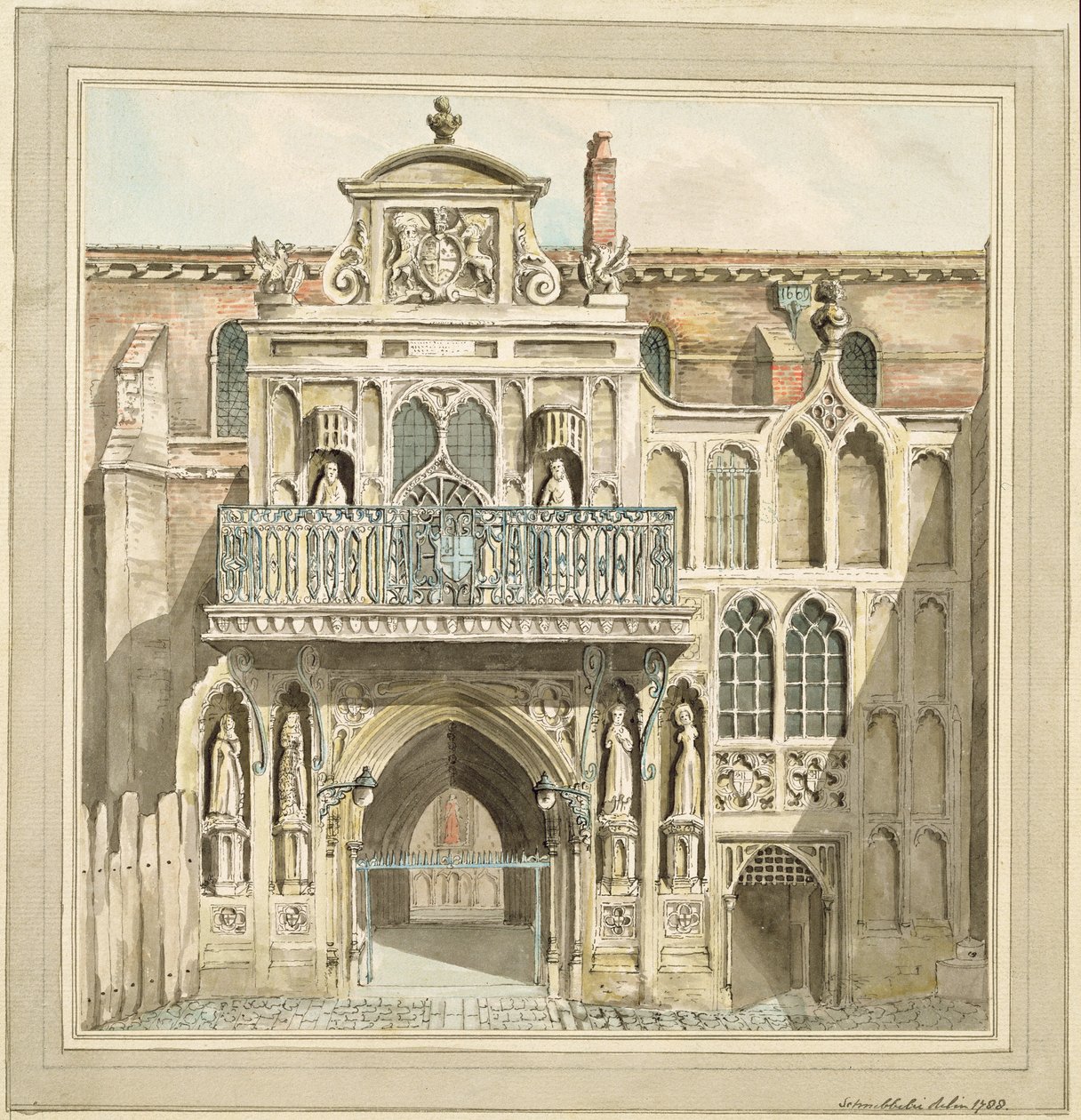 Den gamle fasaden til Guildhall, City of London, 1788 (blekk og wc) av Jacob Schnebbelie