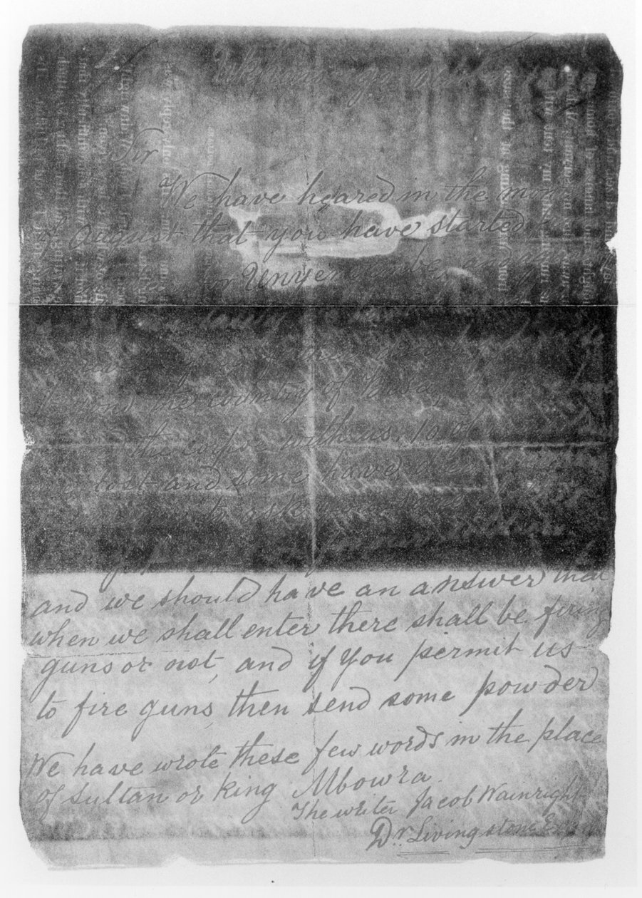 Brev skrevet til Cameron i oktober 1873 som rapporterte om døden til David Livingstone (1813-73) fra bind 1 av Across Africa av Verney Lovett Cameron, publisert 1877 (bw-foto) av Jacob Wainwright