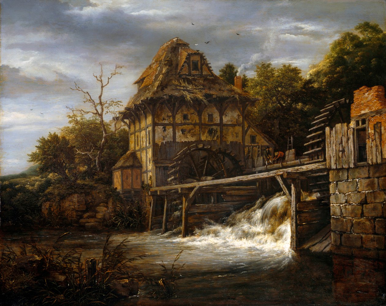 To undershot vannmøller med menn som åpner en sluse av Jacob van Ruisdael