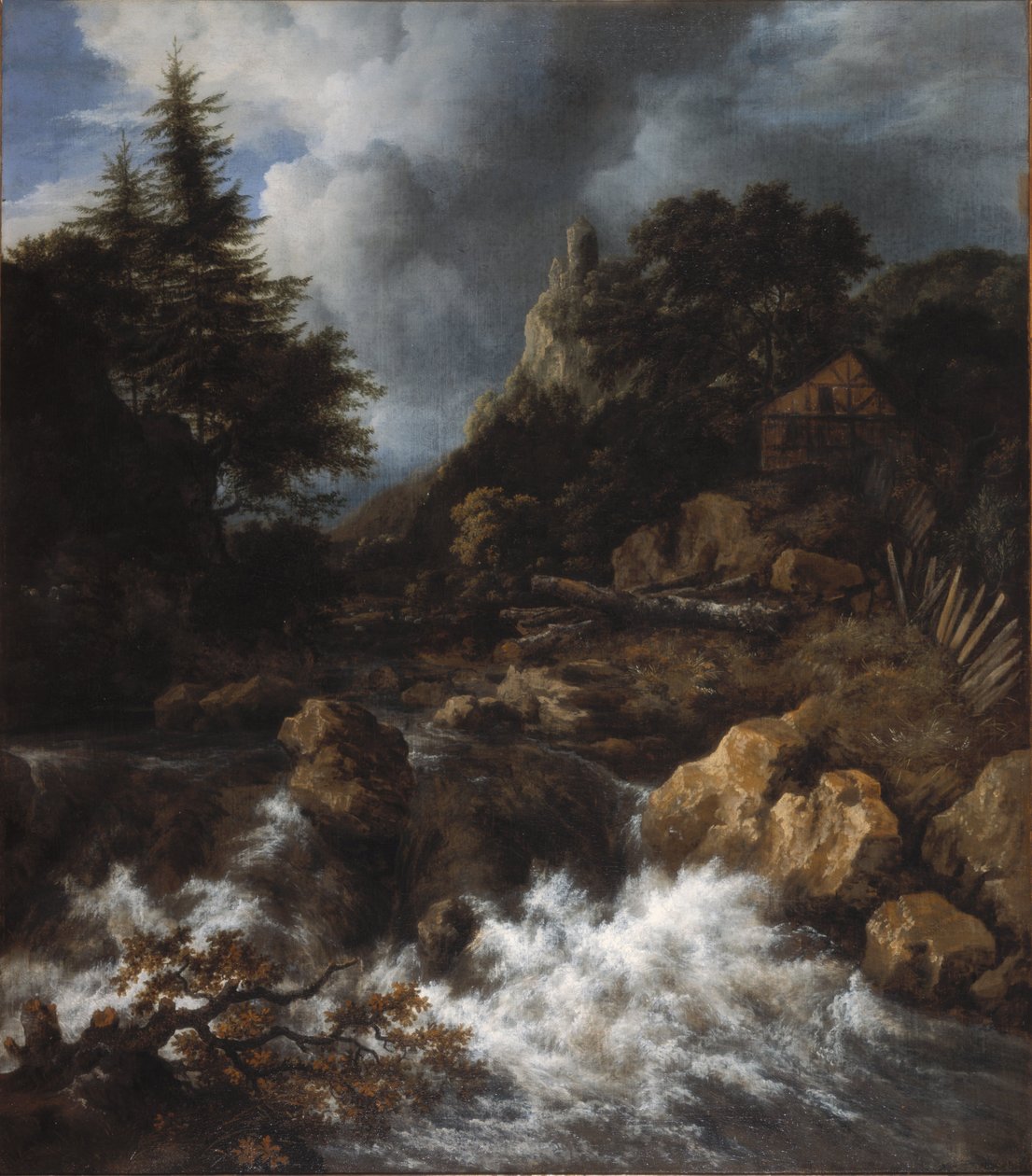 Foss med bindingsverkshus og slott av Jacob van Ruisdael