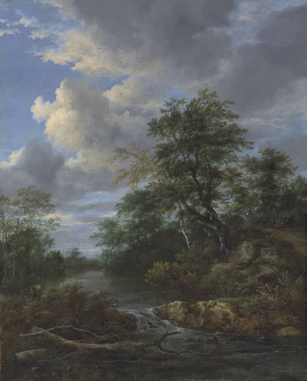 Et skogkledd elvelandskap med en familie i ro på et spor av Jacob van Ruisdael