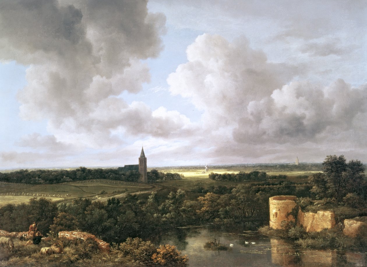 Landskap med ruinert slott og kirke, ca. 1665-70 av Jacob van Ruisdael