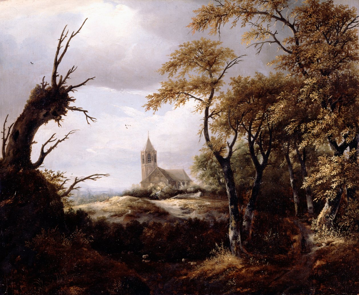 Landskap med en kirke av Jacob van Ruisdael
