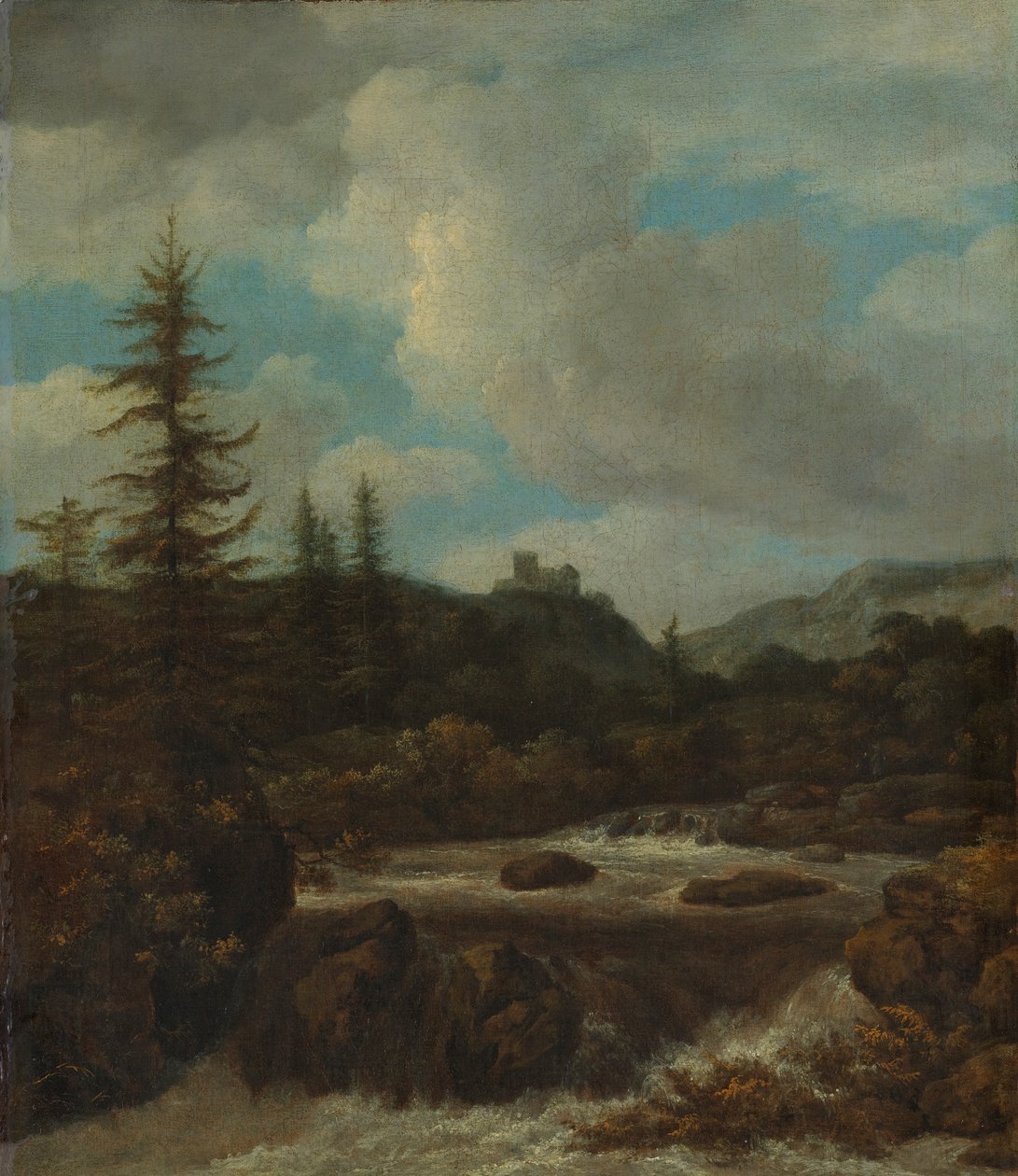 Landskap med en foss nær et slott av Jacob van Ruisdael