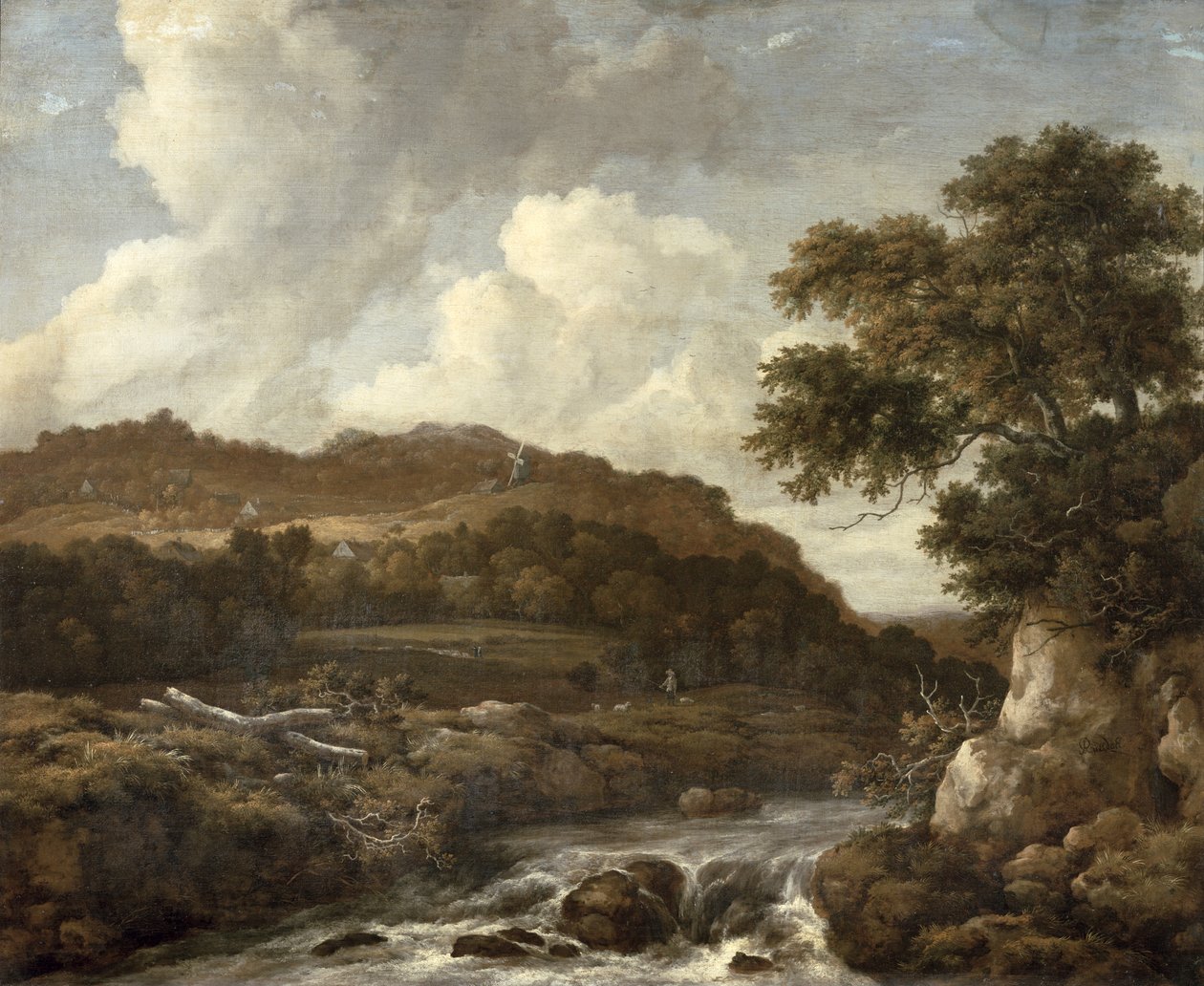 Fjellrikt skogkledd landskap med en torrent av Jacob van Ruisdael