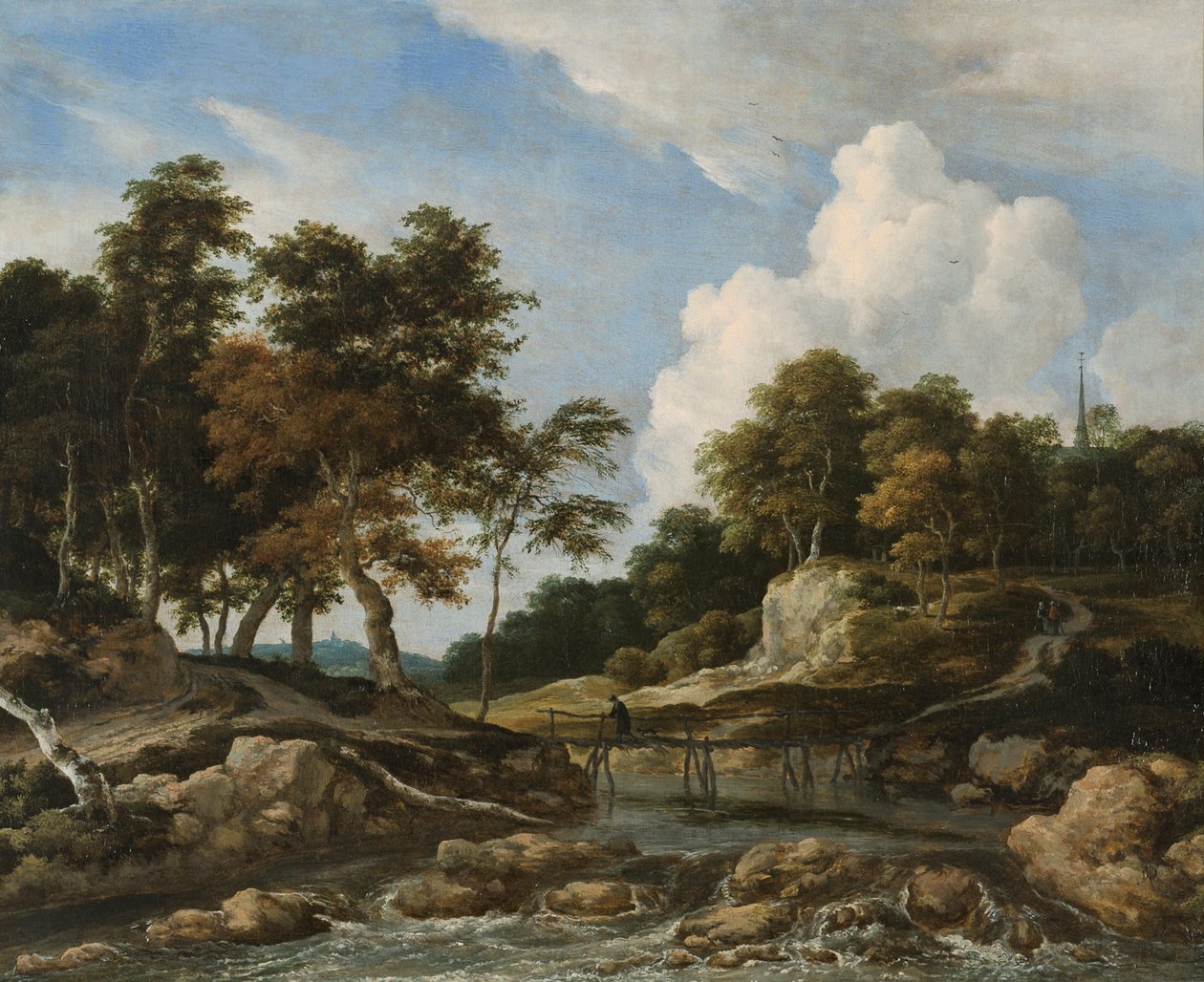 Skogkledd elvelandskap med en bro av Jacob van Ruisdael