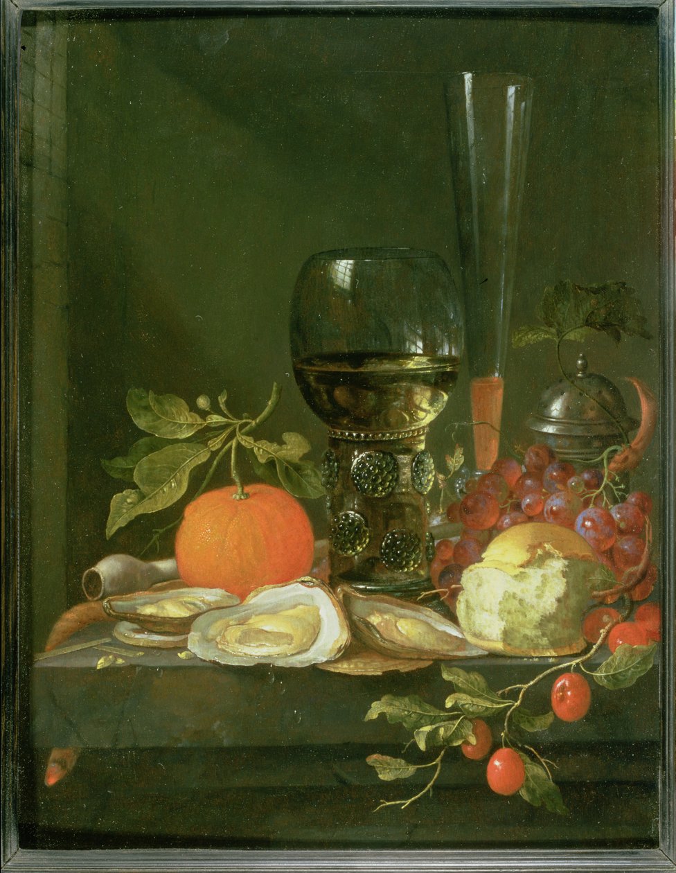 Stilleben av østers, druer, brød og glass på en avsats av Jacob van Walscapelle