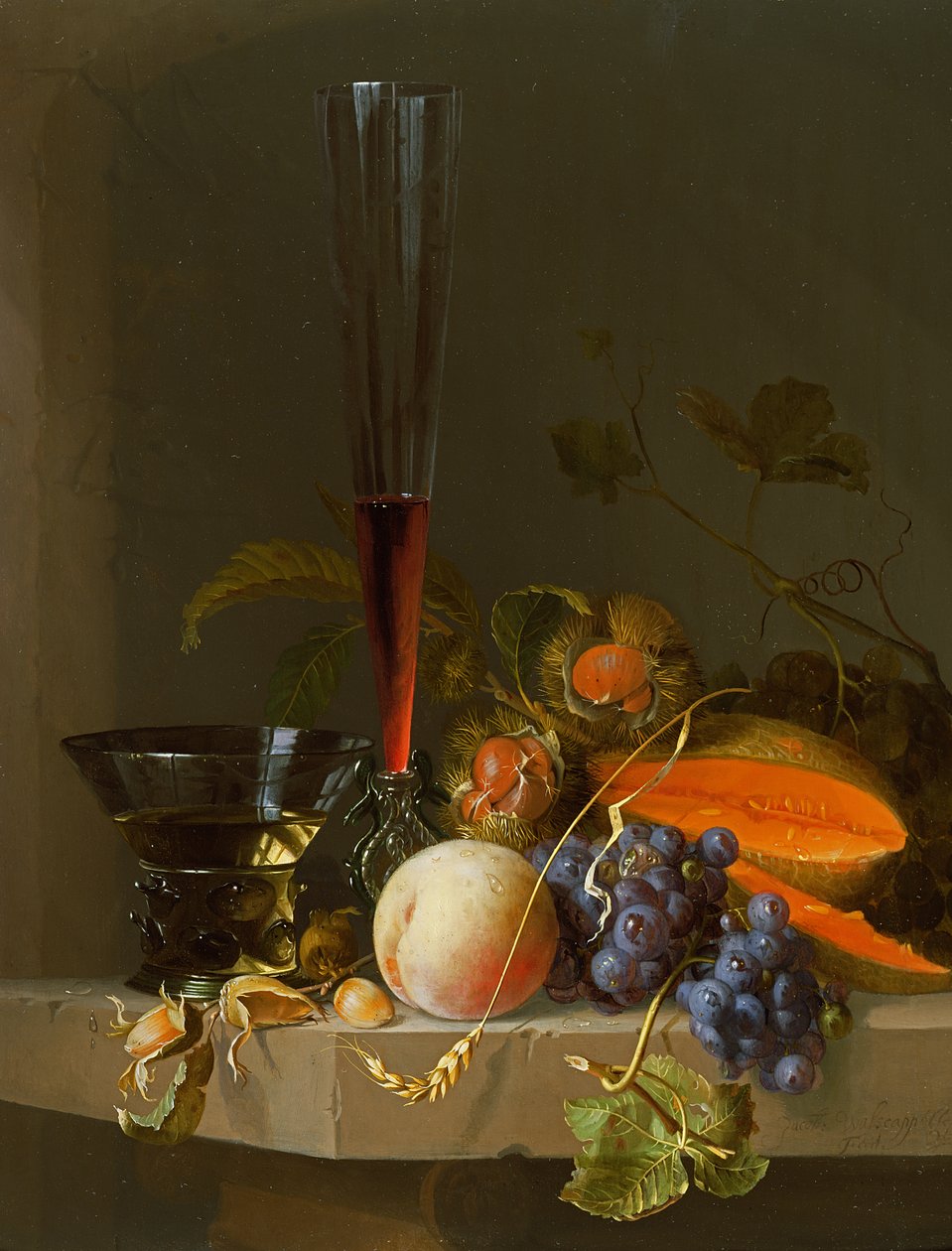 Stilleben av frukt på en avsats med en roemer og et vinglass av Jacob van Walscapelle