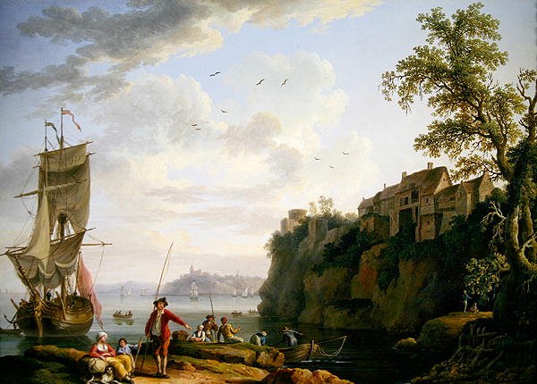 Fiskere ved et fortøyd fartøy med en landsby av Jacob Philippe Hackert