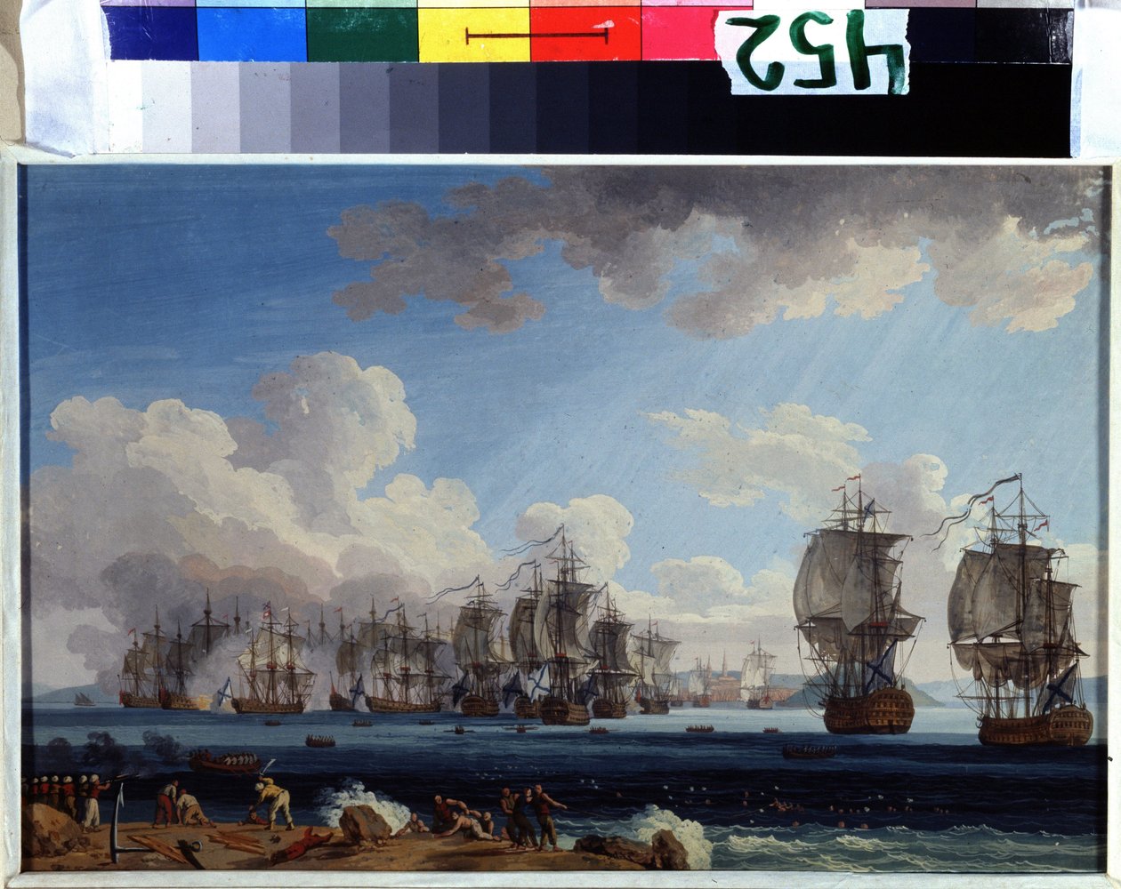 ""Slaget ved Chesma den 05.07.1770"" (Sjøslaget ved Chesma den 5. juli 1770) Det motarbeidet flåtene til Katarina IIs Russland og det osmanske riket til Chios i Hellas (Revolution of Orloff eller Expedition of the Orloff-brødrene). gouache maleri av Jacob Philippe Hackert