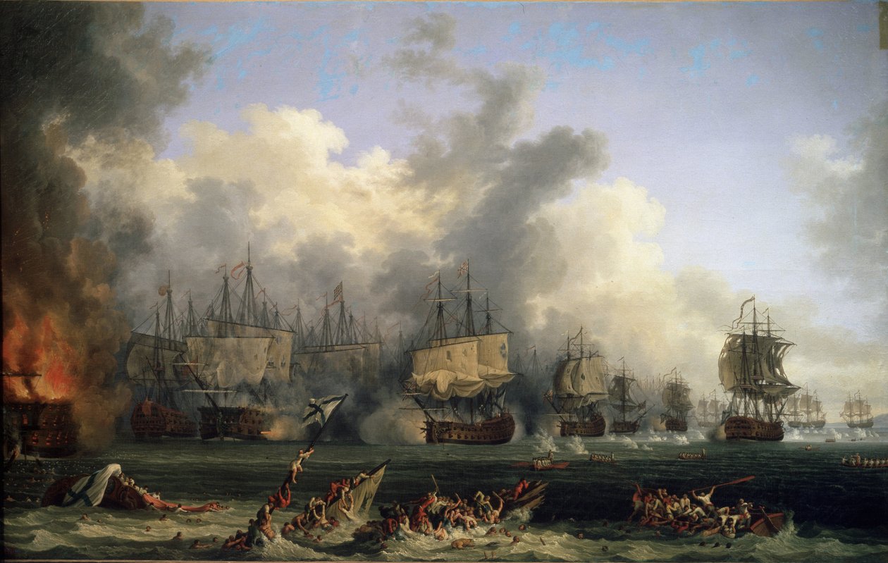 ""Senkingen av tyrkiske skip under slaget ved Tchesme den 05.07.1770"" (Sjøslaget ved Chesma den 5. juli 1770) Det motarbeidet flåtene til Katarina IIs Russland og det osmanske riket til Chios i Hellas (Orloffs revolusjon). eller ekspedisjon av f av Jacob Philippe Hackert